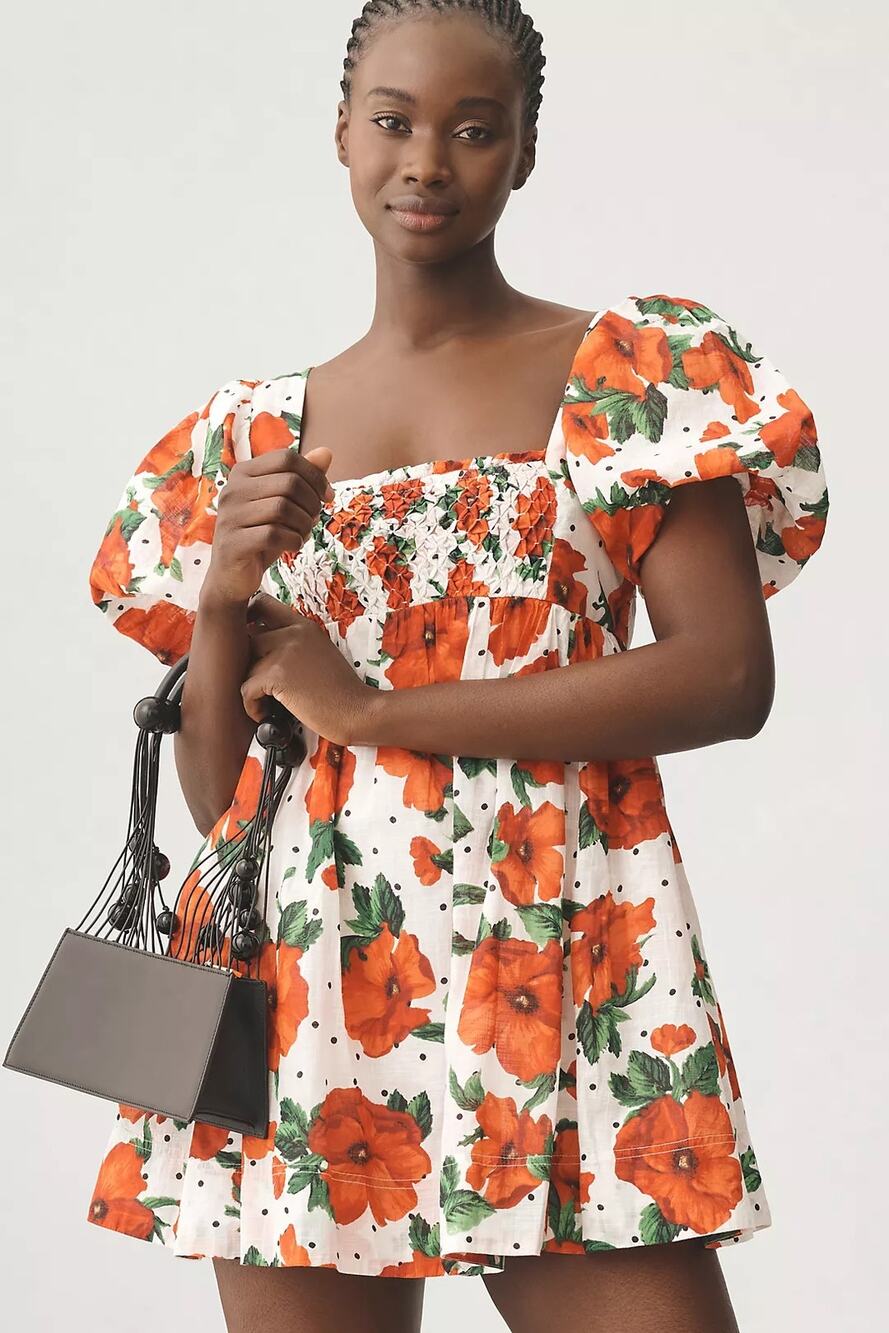 Anthropologie Maeve Square-Neck Smocked Babydoll Dress Medium Cottage Coquette